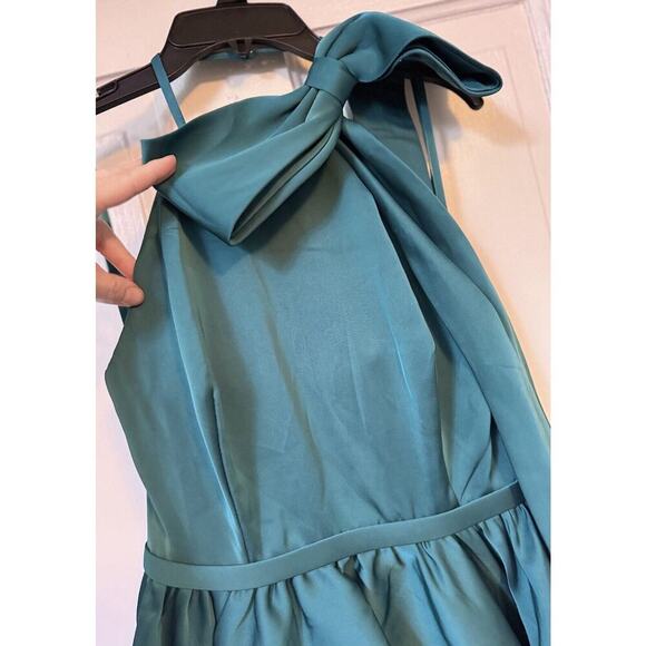 NWT Mac Duggal Teal Halter High Neck Shoulder Bow Mini Dress 20710 Size 2 - Picture 9 of 16